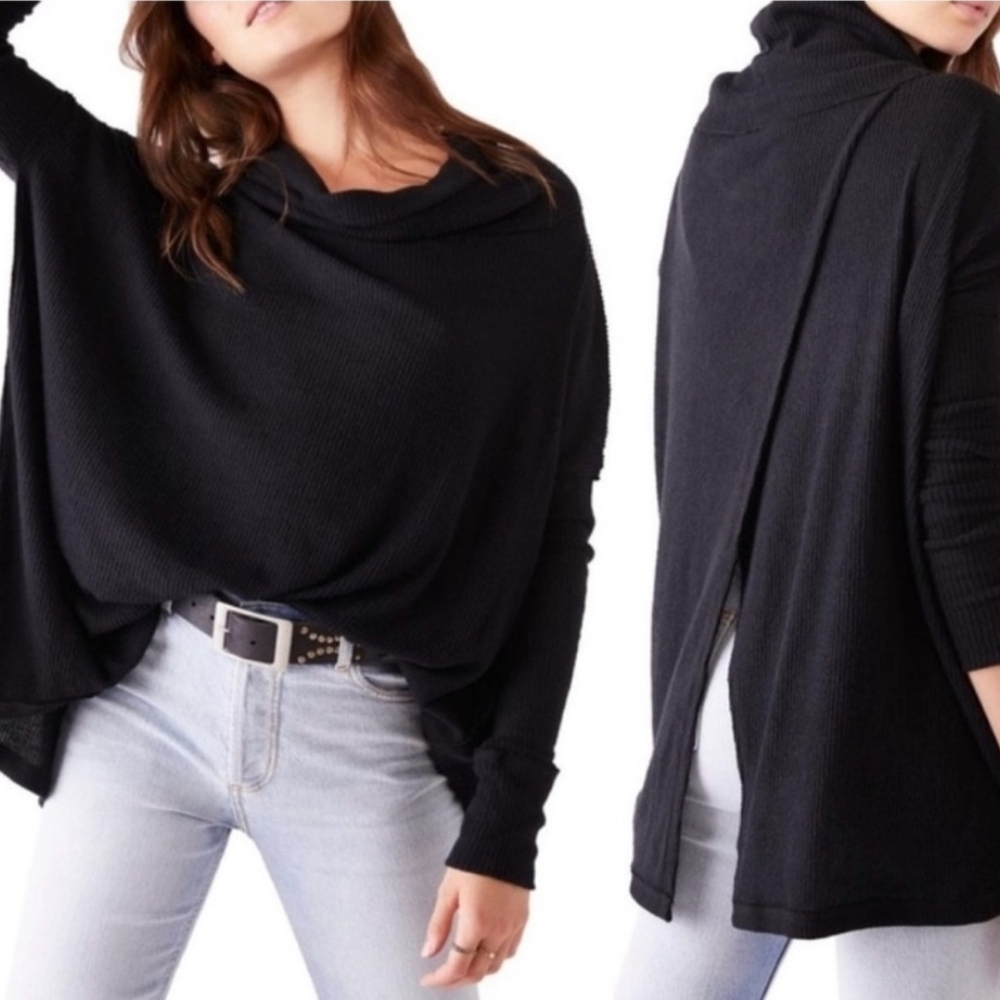 NWT Free People Juicy Long Sleeve Waffleknit Top Black Sz. M